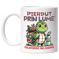 Cana alba personalizata,Broasca Testoasa Cu Rucsac Si Apa pierdut Prin Lume Calatoriile Ma Cheama,INOVATIX®.