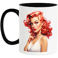 Cana alba personalizata,o femeie frumoasa roscata,colier argintiu la gat, stil retro,vechi,de moda veche,maiou