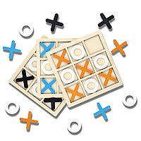 Jucarie Montessori Tic Tac Toe, Educativa, Interactiva, din lemn, X si O, 9 Piese, 14.3x14.3 cm, Albastru Alb