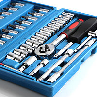 Chei tubulare Set 46 de Piese,Trusa Scule de Reparatii Auto,Prelungitoare Rigid si Flexibil, Articulatie Cardanica, Antrenor de Forta Glisant, Adaptoare, Maner pentru Surubelnita, 23 x 12 x 4 cm, 1.9 kg, culori cutie diverse