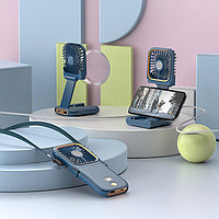 Ventilator Portabil, 3 in 1, de Mana, de Gat, de Birou, 16.7 x 8 x 1.9 cm, 3 Trepte de Viteza, Incarcare USB, Pliabil, Afisaj Digital, Suport Telefon, Albastru
