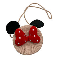 Geanta rotunda pentru fetite cu urechi si fundita rosie , model 14-19 cm, accesoriu adorabil