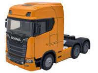 Macheta Scania T770S 1:32 portocalie replica metal lumini si sunete, usi deschise