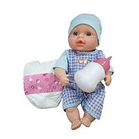 Jucarie Bebelus cu pampers, biberon din care bea apa, plange si spune "Mama, Tata", 25cm, Bleu