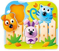 Puzzle, Hape, cu 4 piese din lemn, animale cu nas mare, pentru dezvoltarea dexteritatii si a coordonarii mana