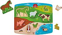 Puzzle, Hape, cu 9 piese din lemn, ferma animalelor, pentru dezvoltarea dexteritatii si a coordonarii mana