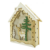 Decoratiune luminoasa, model de Casa cu Reni, maro, lungime: 18 cm, latime: 5 cm, inaltime: 21 cm, lemn,