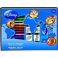 Set educativ cu stampile Geografia Disney 23 piese, 7 stampile, tus, 12 carioci, rigla, harta lumii si caiet