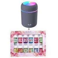 Umidificator si Difuzor Aromaterapie cu ultrasunete, capacitate 300ML, LED 7 culori + Set 12 uleiuri esential,