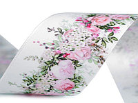 Panglică satinată imprimeu floral 40 mm - 1 Roz deschis 430537