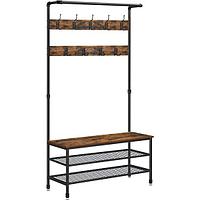 Cuier cu 2 rafturi pentru incaltaminte, Artool, banca, pal, otel, maro rustic si negru, 100x41.5x182 cm