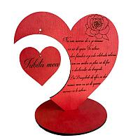 Decoratiune Cadou Dragobete, inima cu mesaj gravat laser pentru iubita, lemn, rosu, 20 cm, ArtemiGift