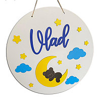 Panou decorativ nume, figurina ursulet, pentru bebe si copii, lemn, 40 cm